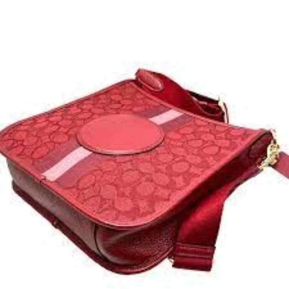 Coach Red Signature Canvas Crossbody Bag with Pink Stripe